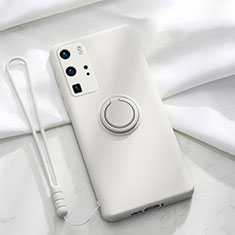 Silikon Hülle Handyhülle Ultra Dünn Schutzhülle Flexible Tasche Silikon mit Magnetisch Fingerring Ständer T02 für Huawei P40 Pro Weiß
