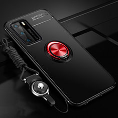 Silikon Hülle Handyhülle Ultra Dünn Schutzhülle Flexible Tasche Silikon mit Magnetisch Fingerring Ständer T02 für Huawei P40 Rot und Schwarz