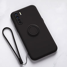 Silikon Hülle Handyhülle Ultra Dünn Schutzhülle Flexible Tasche Silikon mit Magnetisch Fingerring Ständer T03 für Oppo A91 Schwarz
