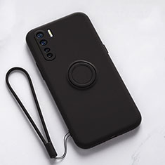 Silikon Hülle Handyhülle Ultra Dünn Schutzhülle Flexible Tasche Silikon mit Magnetisch Fingerring Ständer T03 für Oppo F15 Schwarz