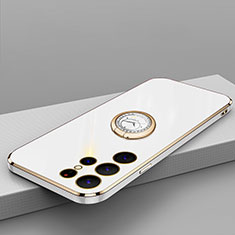 Silikon Hülle Handyhülle Ultra Dünn Schutzhülle Flexible Tasche Silikon mit Magnetisch Fingerring Ständer T04 für Samsung Galaxy S21 Ultra 5G Weiß