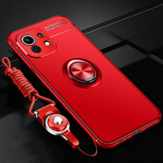 Silikon Hülle Handyhülle Ultra Dünn Schutzhülle Flexible Tasche Silikon mit Magnetisch Fingerring Ständer T05 für Xiaomi Mi 11 5G Rot