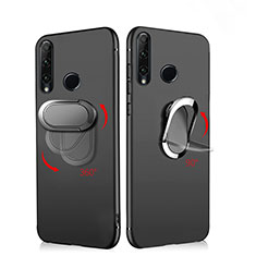 Silikon Hülle Handyhülle Ultra Dünn Schutzhülle Silikon mit Magnetisch Fingerring Ständer für Huawei Honor 20E Schwarz