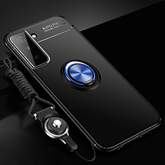 Silikon Hülle Handyhülle Ultra Dünn Schutzhülle Tasche Flexible mit Magnetisch Fingerring Ständer A01 für Samsung Galaxy S21 5G Blau und Schwarz