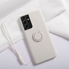 Silikon Hülle Handyhülle Ultra Dünn Schutzhülle Tasche Flexible mit Magnetisch Fingerring Ständer A01 für Samsung Galaxy S21 Ultra 5G Weiß