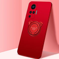 Silikon Hülle Handyhülle Ultra Dünn Schutzhülle Tasche Flexible mit Magnetisch Fingerring Ständer A01 für Vivo X51 5G Rot