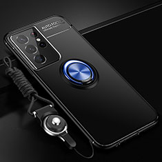Silikon Hülle Handyhülle Ultra Dünn Schutzhülle Tasche Flexible mit Magnetisch Fingerring Ständer A02 für Samsung Galaxy S21 Ultra 5G Blau und Schwarz
