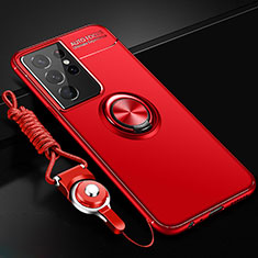 Silikon Hülle Handyhülle Ultra Dünn Schutzhülle Tasche Flexible mit Magnetisch Fingerring Ständer A02 für Samsung Galaxy S21 Ultra 5G Rot