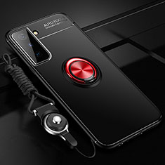 Silikon Hülle Handyhülle Ultra Dünn Schutzhülle Tasche Flexible mit Magnetisch Fingerring Ständer A05 für Samsung Galaxy S21 5G Rot und Schwarz