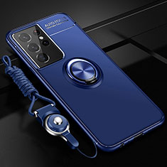 Silikon Hülle Handyhülle Ultra Dünn Schutzhülle Tasche Flexible mit Magnetisch Fingerring Ständer A05 für Samsung Galaxy S21 Ultra 5G Blau