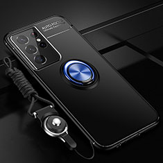 Silikon Hülle Handyhülle Ultra Dünn Schutzhülle Tasche Flexible mit Magnetisch Fingerring Ständer A05 für Samsung Galaxy S21 Ultra 5G Blau und Schwarz
