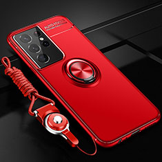 Silikon Hülle Handyhülle Ultra Dünn Schutzhülle Tasche Flexible mit Magnetisch Fingerring Ständer A05 für Samsung Galaxy S21 Ultra 5G Rot