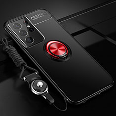 Silikon Hülle Handyhülle Ultra Dünn Schutzhülle Tasche Flexible mit Magnetisch Fingerring Ständer A05 für Samsung Galaxy S21 Ultra 5G Rot und Schwarz