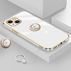 Silikon Hülle Handyhülle Ultra Dünn Schutzhülle Tasche Flexible mit Magnetisch Fingerring Ständer A08 für Apple iPhone 14 Weiß