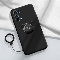 Silikon Hülle Handyhülle Ultra Dünn Schutzhülle Tasche Flexible mit Magnetisch Fingerring Ständer für Oppo Reno5 Pro 5G Schwarz