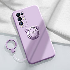 Silikon Hülle Handyhülle Ultra Dünn Schutzhülle Tasche Flexible mit Magnetisch Fingerring Ständer für Oppo Reno5 Pro+ Plus 5G Helles Lila