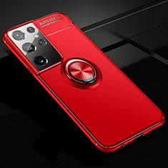 Silikon Hülle Handyhülle Ultra Dünn Schutzhülle Tasche Flexible mit Magnetisch Fingerring Ständer für Samsung Galaxy S21 Ultra 5G Rot