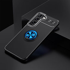 Silikon Hülle Handyhülle Ultra Dünn Schutzhülle Tasche Flexible mit Magnetisch Fingerring Ständer für Samsung Galaxy S22 5G Blau und Schwarz