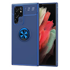 Silikon Hülle Handyhülle Ultra Dünn Schutzhülle Tasche Flexible mit Magnetisch Fingerring Ständer für Samsung Galaxy S22 Ultra 5G Blau