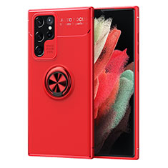 Silikon Hülle Handyhülle Ultra Dünn Schutzhülle Tasche Flexible mit Magnetisch Fingerring Ständer für Samsung Galaxy S22 Ultra 5G Rot