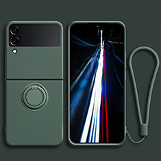 Silikon Hülle Handyhülle Ultra Dünn Schutzhülle Tasche Flexible mit Magnetisch Fingerring Ständer für Samsung Galaxy Z Flip3 5G Nachtgrün