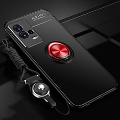 Silikon Hülle Handyhülle Ultra Dünn Schutzhülle Tasche Flexible mit Magnetisch Fingerring Ständer für Vivo iQOO 8 Pro 5G Rot und Schwarz