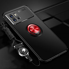 Silikon Hülle Handyhülle Ultra Dünn Schutzhülle Tasche Flexible mit Magnetisch Fingerring Ständer für Vivo iQOO 9 5G Rot und Schwarz