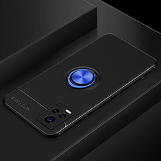 Silikon Hülle Handyhülle Ultra Dünn Schutzhülle Tasche Flexible mit Magnetisch Fingerring Ständer für Vivo V20 Pro 5G Blau und Schwarz