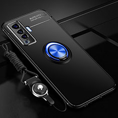 Silikon Hülle Handyhülle Ultra Dünn Schutzhülle Tasche Flexible mit Magnetisch Fingerring Ständer für Vivo X50 5G Blau und Schwarz