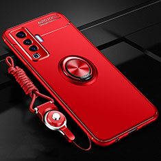 Silikon Hülle Handyhülle Ultra Dünn Schutzhülle Tasche Flexible mit Magnetisch Fingerring Ständer für Vivo X50 5G Rot