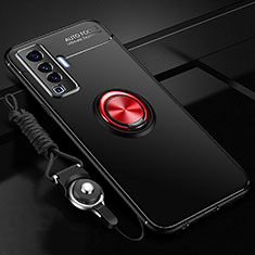 Silikon Hülle Handyhülle Ultra Dünn Schutzhülle Tasche Flexible mit Magnetisch Fingerring Ständer für Vivo X50 5G Rot und Schwarz