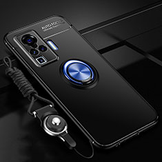 Silikon Hülle Handyhülle Ultra Dünn Schutzhülle Tasche Flexible mit Magnetisch Fingerring Ständer für Vivo X50 Pro 5G Blau und Schwarz