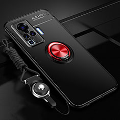 Silikon Hülle Handyhülle Ultra Dünn Schutzhülle Tasche Flexible mit Magnetisch Fingerring Ständer für Vivo X50 Pro 5G Rot und Schwarz