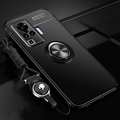 Silikon Hülle Handyhülle Ultra Dünn Schutzhülle Tasche Flexible mit Magnetisch Fingerring Ständer für Vivo X50 Pro 5G Schwarz