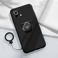 Silikon Hülle Handyhülle Ultra Dünn Schutzhülle Tasche Flexible mit Magnetisch Fingerring Ständer für Xiaomi Mi 11 5G Schwarz