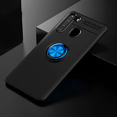 Silikon Hülle Handyhülle Ultra Dünn Schutzhülle Tasche Flexible mit Magnetisch Fingerring Ständer JM2 für Samsung Galaxy A21 Blau und Schwarz