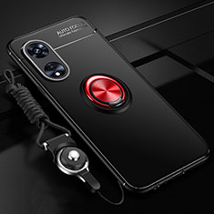 Silikon Hülle Handyhülle Ultra Dünn Schutzhülle Tasche Flexible mit Magnetisch Fingerring Ständer JM3 für Oppo A58x 5G Rot und Schwarz