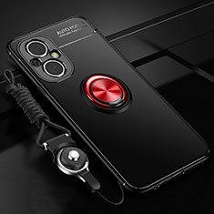 Silikon Hülle Handyhülle Ultra Dünn Schutzhülle Tasche Flexible mit Magnetisch Fingerring Ständer JM3 für Oppo A96 5G Rot und Schwarz