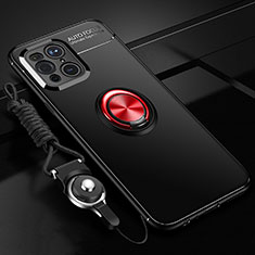 Silikon Hülle Handyhülle Ultra Dünn Schutzhülle Tasche Flexible mit Magnetisch Fingerring Ständer JM3 für Oppo Find X3 5G Rot und Schwarz
