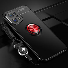 Silikon Hülle Handyhülle Ultra Dünn Schutzhülle Tasche Flexible mit Magnetisch Fingerring Ständer JM3 für Oppo Find X5 5G Rot und Schwarz