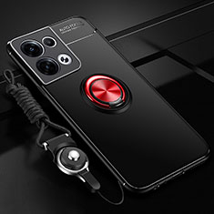 Silikon Hülle Handyhülle Ultra Dünn Schutzhülle Tasche Flexible mit Magnetisch Fingerring Ständer JM3 für Oppo Reno8 5G Rot und Schwarz