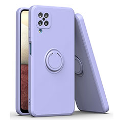 Silikon Hülle Handyhülle Ultra Dünn Schutzhülle Tasche Flexible mit Magnetisch Fingerring Ständer QW1 für Samsung Galaxy F12 Lavendel Grau
