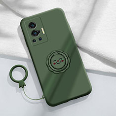 Silikon Hülle Handyhülle Ultra Dünn Schutzhülle Tasche Flexible mit Magnetisch Fingerring Ständer S01 für Vivo X70 Pro 5G Nachtgrün