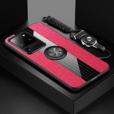 Silikon Hülle Handyhülle Ultra Dünn Schutzhülle Tasche Flexible mit Magnetisch Fingerring Ständer X03L für Samsung Galaxy S20 Ultra Rot