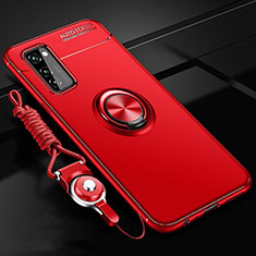 Silikon Hülle Handyhülle Ultra Dünn Schutzhülle Tasche Silikon mit Magnetisch Fingerring Ständer für Huawei Honor V30 5G Rot