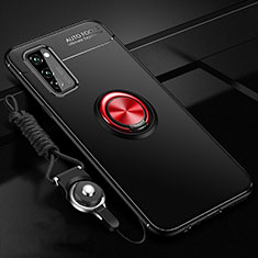 Silikon Hülle Handyhülle Ultra Dünn Schutzhülle Tasche Silikon mit Magnetisch Fingerring Ständer für Huawei Honor View 30 5G Rot und Schwarz