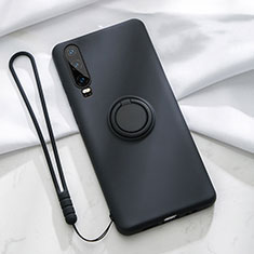 Silikon Hülle Handyhülle Ultra Dünn Schutzhülle Tasche Silikon mit Magnetisch Fingerring Ständer T02 für Huawei P30 Schwarz