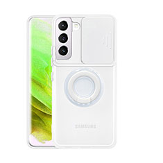 Silikon Hülle Handyhülle Ultradünn Schutzhülle Flexible Tasche Durchsichtig Transparent mit Fingerring Ständer A01 für Samsung Galaxy S21 5G Weiß