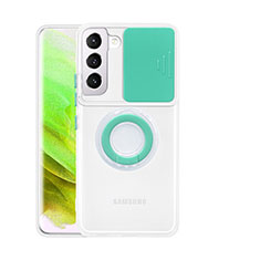 Silikon Hülle Handyhülle Ultradünn Schutzhülle Flexible Tasche Durchsichtig Transparent mit Fingerring Ständer S01 für Samsung Galaxy S22 5G Minzgrün