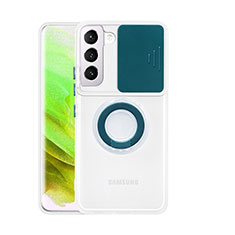 Silikon Hülle Handyhülle Ultradünn Schutzhülle Flexible Tasche Durchsichtig Transparent mit Fingerring Ständer S01 für Samsung Galaxy S22 5G Nachtgrün